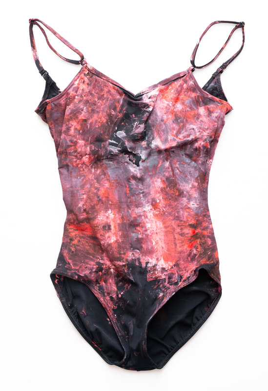 Black Bodysuit (Red, White, and Pink paint). 2019. A performance artifact created during a movement ritual devoted to healing my body after a surgery for endometriosis. (Custom Framed)