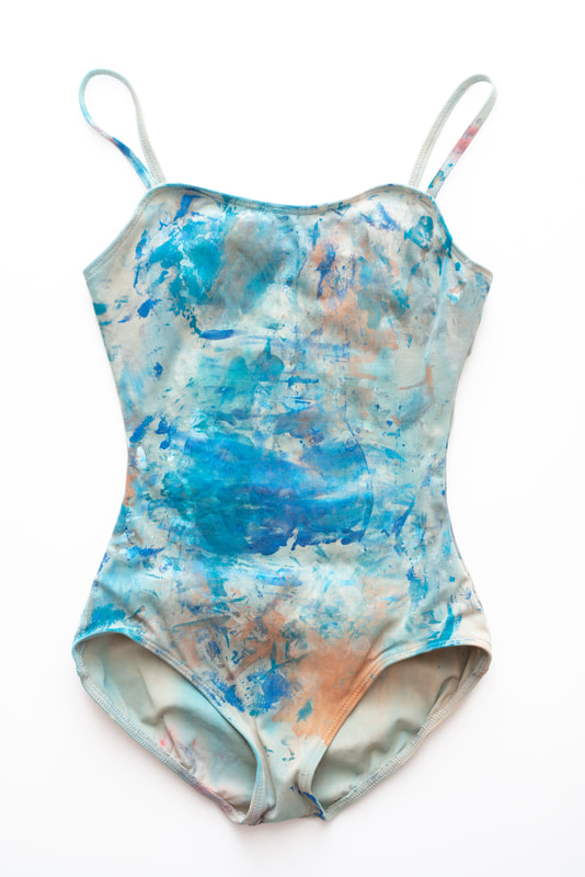 Nude Bodysuit (Blue, Copper, Teal, and White paint). 2019. A performance artifact created during a live performance painting in Charleston, SC. The painting and performance were  devoted to my maternal grandmother 3 days after her passing. (Custom Framed)